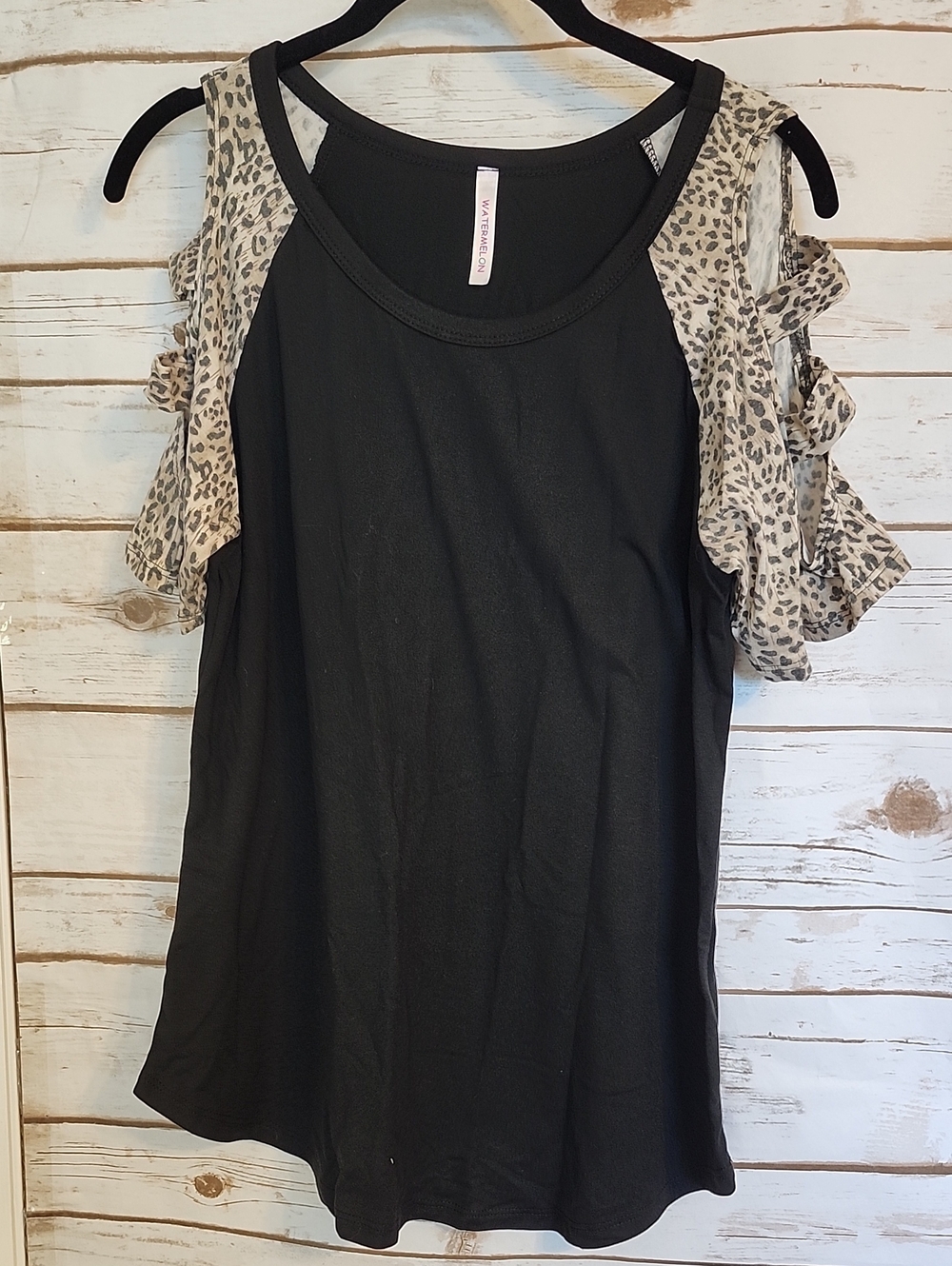 Cold-Shoulder Black Top with Leopard Ruffle Sleeves New